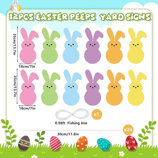 Whaline 12Pcs Easter Bunny Yard Sign with 24Pcs Stakes Fishing Line Colorful Bunny Hanging Ornament Cute Rabbit Lawn Sign for Spring Outdoor Lawn Pathway Walkway Tree Porch Party Garden Decorations
