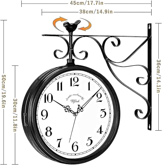 American Iron Vintage Train Station Clock Double Sided Wall Clock, Double Sided Metal Clock, European Antique Silent Double Sided Wall Clock for Patio, Garage, Fence, House, Living Room Art Decoration