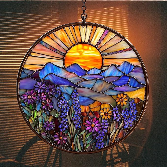 Flower Forest Hill Acrylic Suncatcher Stained Glass Effect Window Car Hanging Christmas Ornament Indoor Outdoor Decor Garden Sun Catcher Panel for Scenery Lover for Women Mom Grandma