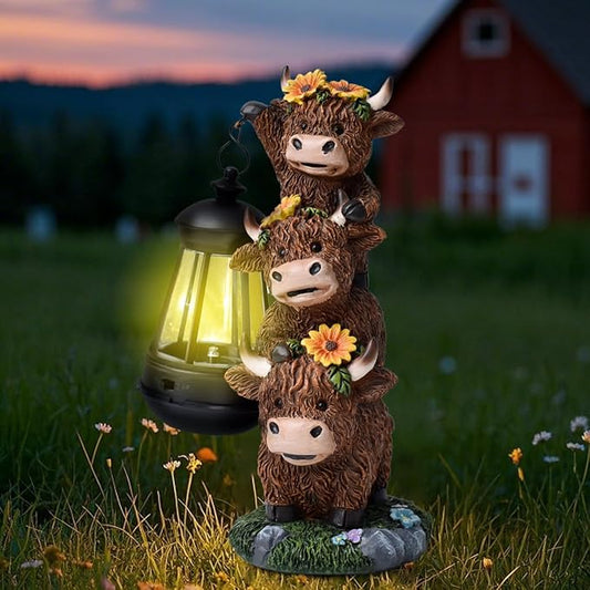 Solar Stacking Highland Three Cute Cow Garden Decor, Outdoor Statue Decorative Resin Light for Yard Decorations Lawn Patio Pathway
