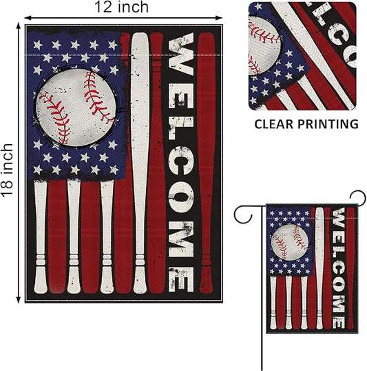 Welcome July 4th Baseball Patriotic Decorative Garden Flag, Red White Bat America USA Independence Day Yard Outside Decorations, Stars American Outdoor Small Home Decor Double Sided 12 x 18