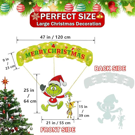 Outdoor Christmas Home Decorations, 7Pcs Lights Up Christmas Parachute Signs Decor, Cute Xmas Hanging Ornament with LED String Lights for Yard, Door, Christmas Tree Decoration