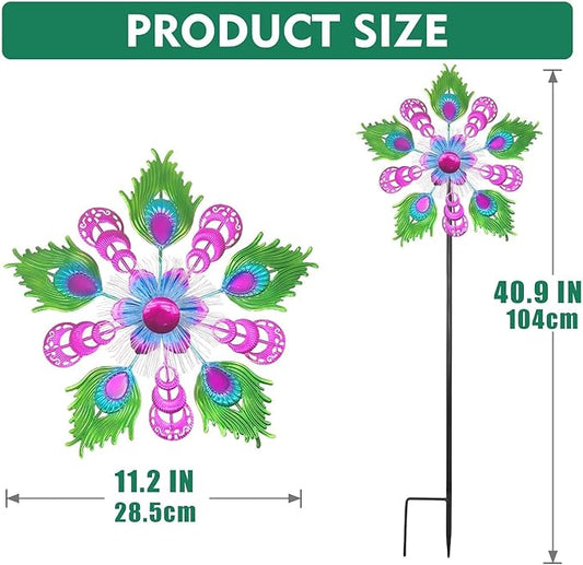 40" Solar Peacock Wind Spinners Garden Stake, Solar Wind Sculpture Yard Art Decorations for Lawn, Patio & Yard & Garden Decor, Metal Purple Whirligigs Wind Spinners Outdoor