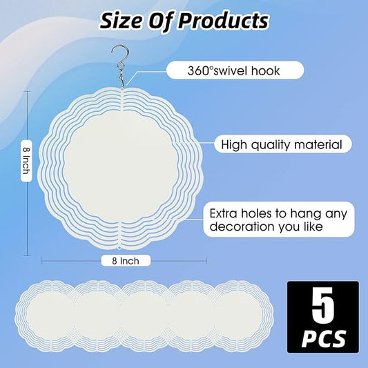 CHONOVO 5 Pack Sublimation Wind Spinner Blanks 8 Inch Wind Spinners Sublimation Blanks 3D Aluminum Metal Wind Spinners for Yard and Garden Indoor Outdoor Window Porch Front Door Decoration Round