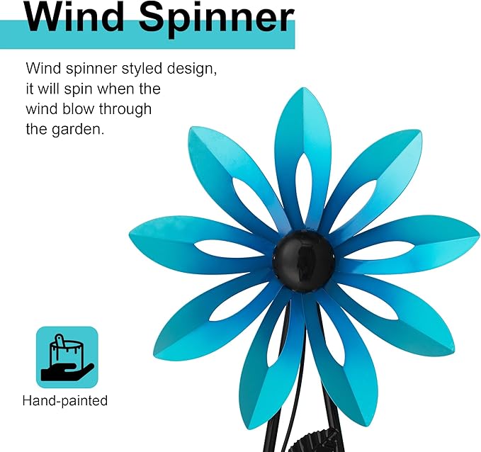 Glitzhome Wind Spinners Outdoor Windmill, 44 Inch Blue Metal Flower Wind Spinner Yard Stake with Hand Painted Glossy Finish, Outdoor Garden Lawn Patio Flowerbed Decor
