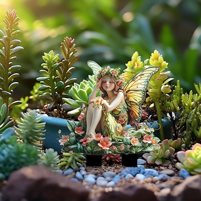 Flower Fairy Garden Stake Decor, 2D Flat Acrylic Elf Garden Sign with Stake, Fairy with Magic Sign for Indoor Outdoor Yard Lawn Balcony Pot Plants (Green Flower Fairy)
