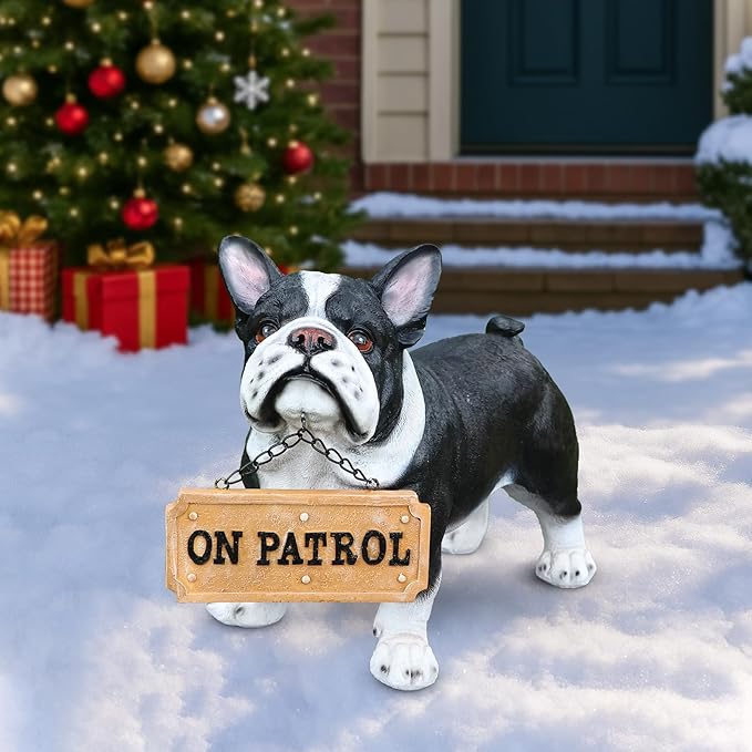 French Bulldog Statue with Solar Lantern - 14.96" Frenchie Garden Sculpture with Interchangeable Double-Sided "Welcome" & "On Patrol" Sign - Resin Dog Figurines for Outdoor Patio, Lawn, Porch Decor