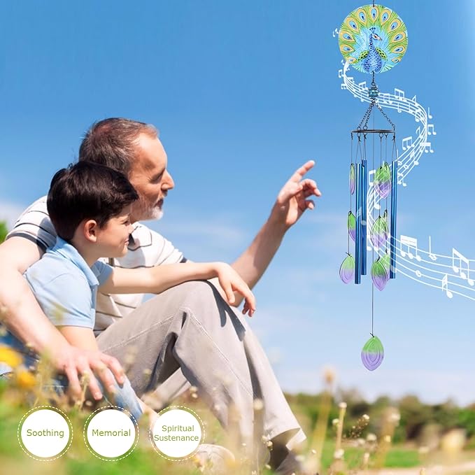 Taman Wind Chime - 38" Peacock Glass Wind Chimes Valentine's Day Gift for Outside Decorative Memorial Gift, Aluminum Tubes for Home, Outdoor, Yard, Patio,Garden Decor