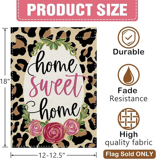 Dyrenson Home Sweet Home Leopard Print Decorative Garden Flag, Cheetah Rose Flower Yard Outside Home Decoration, Floral Burlap Outdoor Small Decor Double Sided 12 x 18