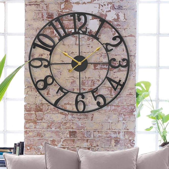 Large Outdoor Wall Clock 24 Inch - Black Metal Decorative Clock with Big Arabic Numbers - Silent Non-Ticking Quartz Clock for Patio, Garden, Porch, Backyard & Indoor Home Decor