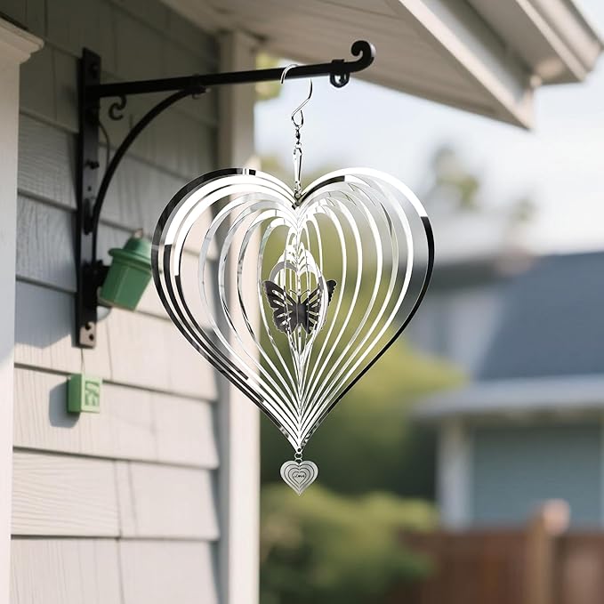 HOOSUN Metal Wind Spinners Outdoor for Yard and Garden Decor,Reflective Bird Deterrents for Outside Windows Patio Porch,Stainless Steel 3D Hanging Heart Butterfly Wind Spinners Gifts for Mom Women