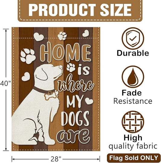 Dyrenson Home is Where My Dogs are 28 x 40 House Flag Double Sided, Pet Paw Print Garden Yard Decoration Dog Owner Lover Gifts, Farmhouse Rustic Burlap Outdoor Decor Decorative Large Flag