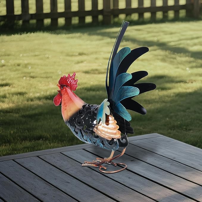 16.5" Whimsical Metal Rooster Garden Statue, Handmade Morning Crowing Rooster Sculpture with Green Tail Feathers, Rust-Resistant Iron Art for Yard, Farmhouse, Kitchen & Outdoor Decor