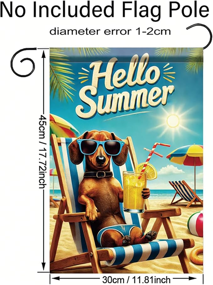 Summer Garden Flag 12x18 Inch Funny Dog Hello Summer Beach Chair Sunglasses Tropical Vacation Design Outdoor Yard Porch Lawn Patio for Seasonal Coastal Home Decor