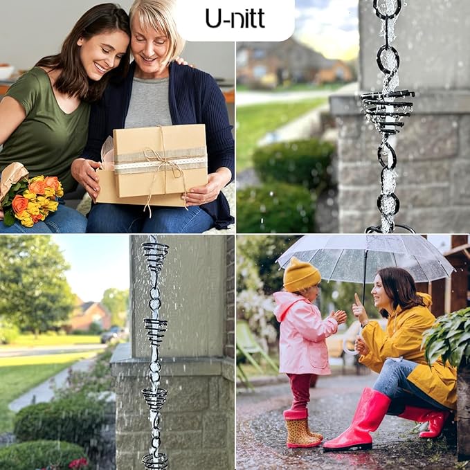 U-nitt Rain Chain Water Collection for Gutters Rainwater Catcher & Diverter, 8.5 FT Chains for Outside Garden, Black Bird Nest Cups, Roof Downspout, Works with Heavy Rain, Gutter Clip for Rainchains