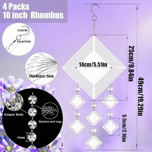 4Pack 10inch Sublimation Wind Spinner Blanks 3D Aluminum Metal Wind Sculpture Kinetic Spinners for Yard and Garden Indoor Art Ornaments Hanging Decoration (Rhombus)