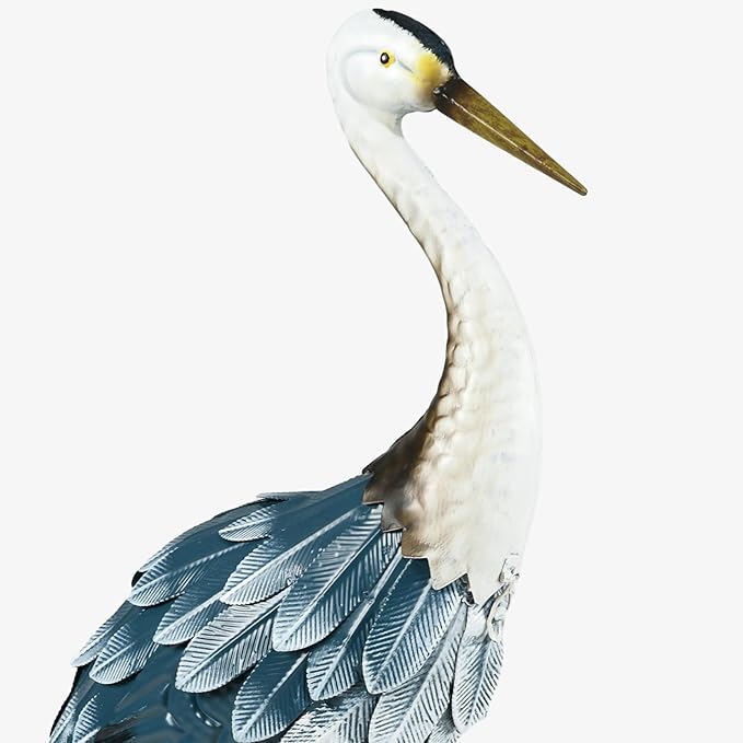 Outsunny Heron Garden Statues, 29" & 27.5" Standing Bird Sculptures, Metal Yard Art Decor for Lawn, Patio, Backyard, Landscape Decoration Set of 2, Blue & White