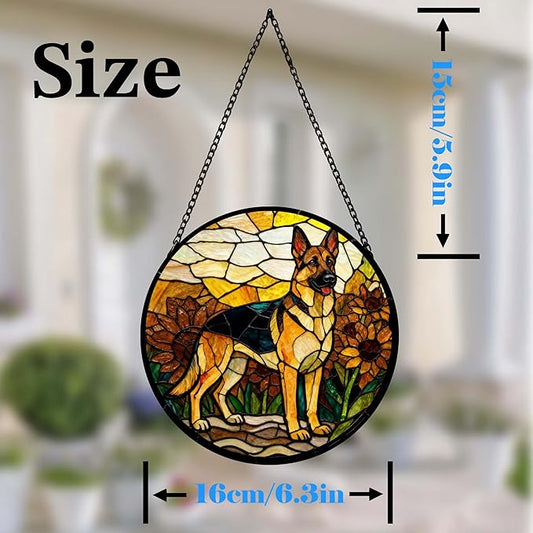 Stained Glass Suncatcher German Shepherd Among Sunflowers Handmade Window Hangings Colored Glass Suncatcher for Indoor Garden Christmas Home Decor Gift for Pet Dog Lover Memorial (6.3in)