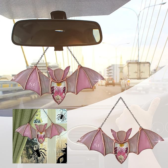 Colorful Acrylic Bat Decoration Window Hanging Suncatcher, Stunning Hanging Window Panels for Halloween Decoration, Acrylic Window Wall Art Decor for Living Room, Home, Office, Kitchen (Pink)
