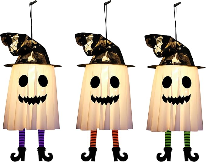 3 Packs Halloween Decorations Outdoor, Hanging Ghosts String Lights Halloween Decor, Spooky Cute Glowing Ghost Witch Hat Lights 3 Modes for Patio Yard Front Porch Tree House Party(18 Batteries)