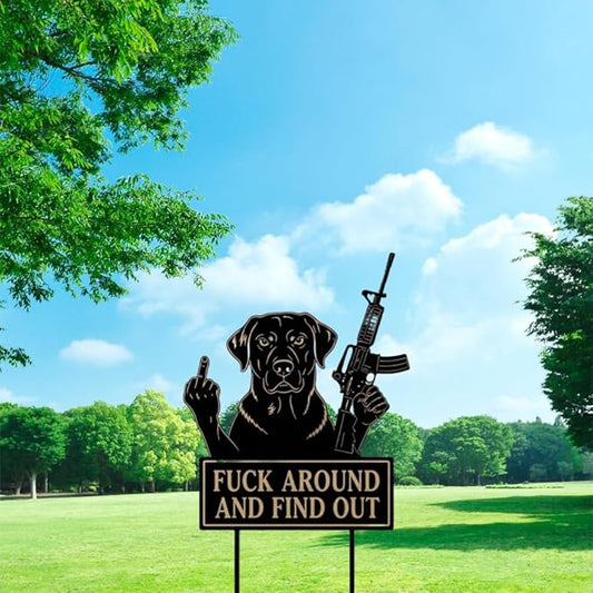 F Around & Find Out Dog Sentry Metal Dogs Silhouette Garden Stake with Middle Finger &Weapon Sign, FAFO Security Sign Middle Finger Dog Statue Decor for Outdoor Yard Patio (Labrador, 8 * 16")