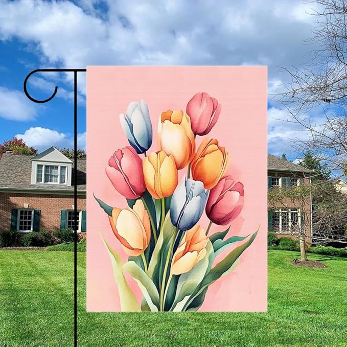 Gkyygk Pink Tulip Flower Welcome Banners Garden Flag Double Sided 12x18 Inches Farmhouse Holiday Outside Decorations Burlap Yard Flag