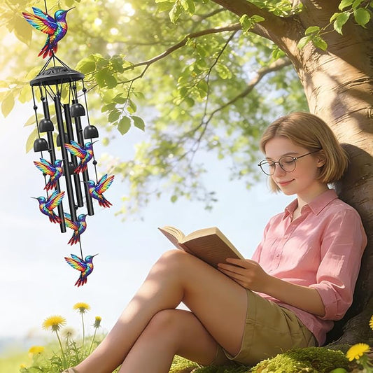 AVEKI Metal Hummingbird Wind Chimes for Outside, Gifts for Women Mother's Day Birthday Christmas, Black Wind Chime with 7 Hummingbirds, Outdoor Windchimes Decor for Garden Patio (Hummingbird)