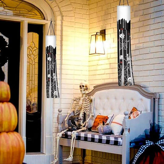 Skull Spider Web Hanging Windsock Lightweight Machine Washable Easy to Assemble Fabric Durable Outdoor Halloween Spooky Ghost Decoration 2 Pieces