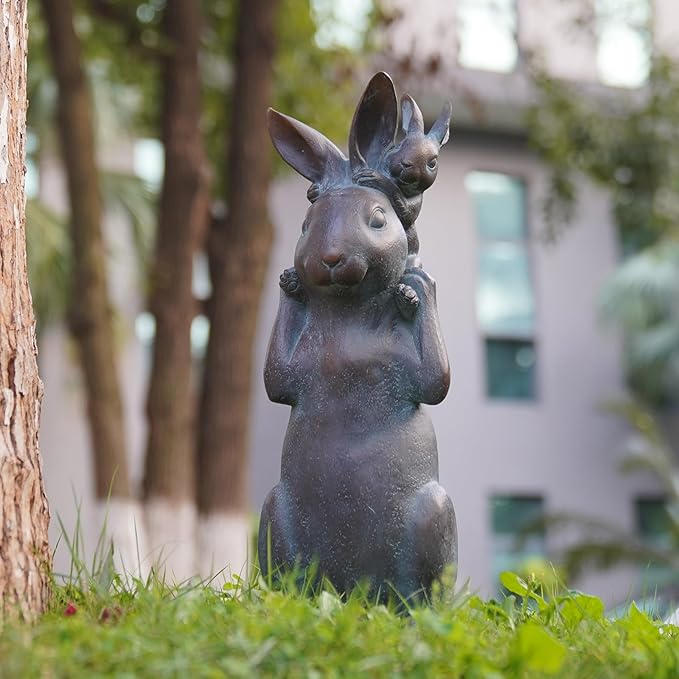 Rabbit Garden Statues Bunny Decorations - Easter Bunny Father with Baby Figurine Easter Gift Dark Gray Garden Spring Bunny Sulpture for Yard Framhouse Outdoor Dรฉcor 7*5.25*15.25 in Newman House Studio