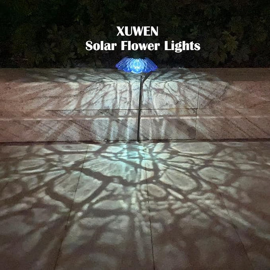 XUWEN Solar Lights Outdoor Waterproof - Blue Solar Flower Light with Crackle Globe Glass Light, Hanging Lanterns Decorative Outdoor for Yard Walkway Lawn Fence,Christmas Housewarming Gifts for Women.