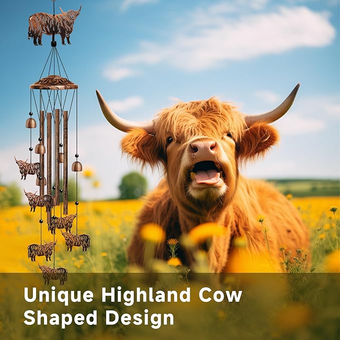 Highland Cow Wind Chimes for Outside, Highland Cow Gifts for Women/Men/Mother/Father, Metal Windchimes for Birthday/Christmas/Thanksgiving, Cow Decor for Patio, Garden,Yard, Home