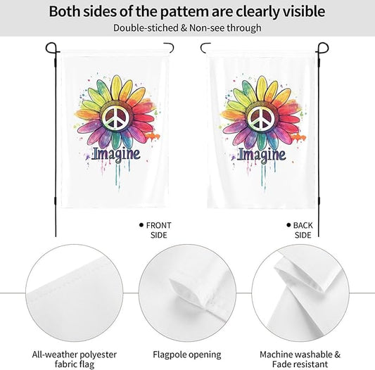 Imagine Daisy Flowers Hippie Peace Garden Flags 12×18 Inch Double Sided Decorative Yard Banner Seasonal Flag for Outdoor Outside Decor