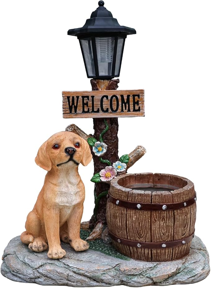 Solar Garden Statue with Planter & Lantern, Outdoor Resin Animal Sculpture, Waterproof Yard Lawn Decor Pot for Succulents, Front Porch Ornament Housewarming Gift (Lab Puppy)