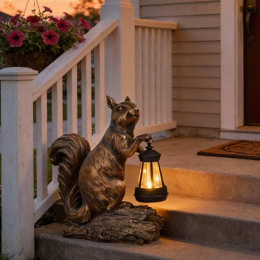 DiliComing Solar Garden Decor Outdoor Statues - Resin Cute Animal Solar Powered LED Garden Light Porcelain Squirrel Decor Yard Decorations Outdoor 8.5 * 4.5 * 11.25 Inch