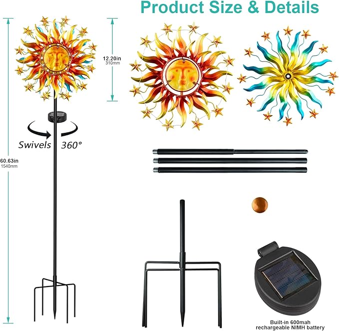 Solar Wind Spinners for Yard Garden - 60.3 Inch 360ยฐ Metal Sun Wind Sculptures Outdoor Clearance Kinetic Windmills with Vine String Shining LED Lights for Patio, Lawn Xmas Garden Decoration