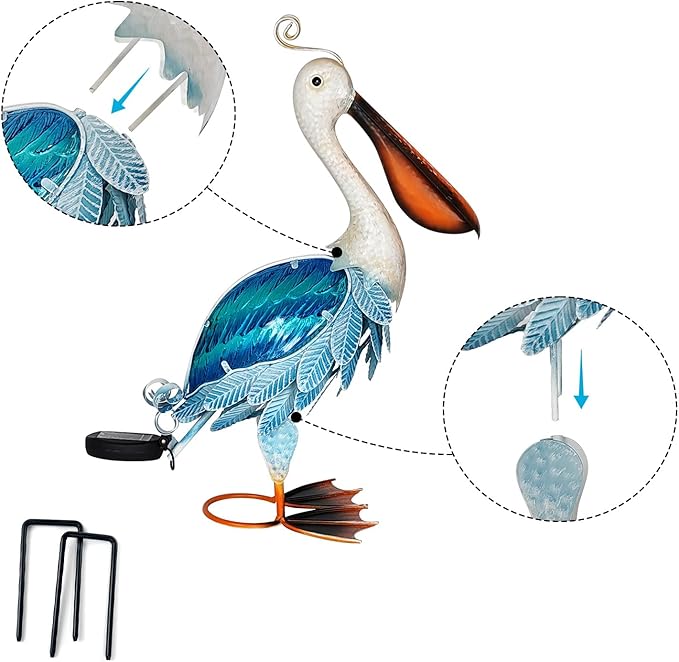 HONGLAND Solar Metal Pelican Statues Garden Sculpture & Statues, 19 Inch Glass Outdoor Pelican Yard Art Coastal Ocean Bird Decor Lawn Ornament for Backyard Porch Patio Decor๏ผBlue๏ผ