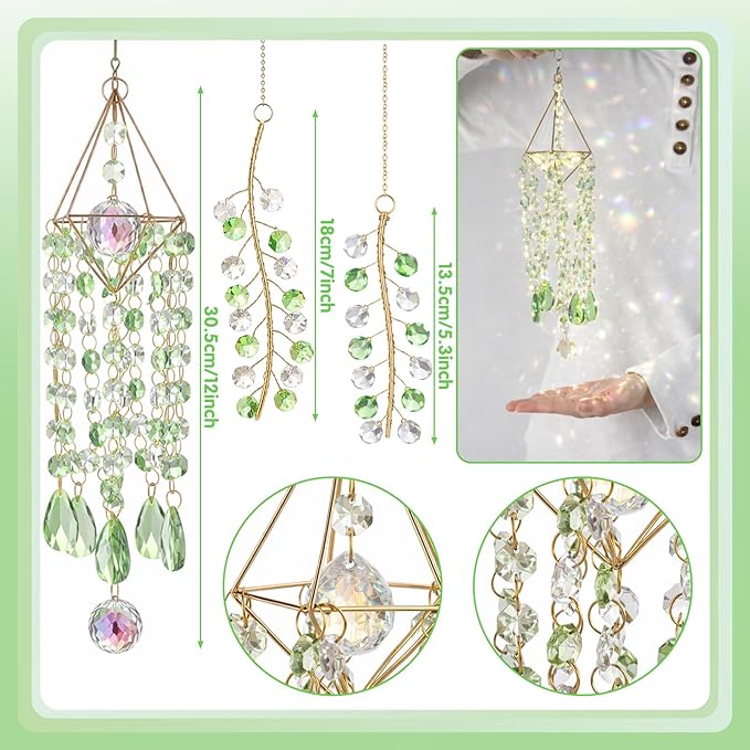 Crystal Suncatcher 3 PCS Hanging Prism Window Decor, Green Glass Sun Catcher with Metal Frame and Rainbow Light Reflection for Indoor Outdoor Garden Patio