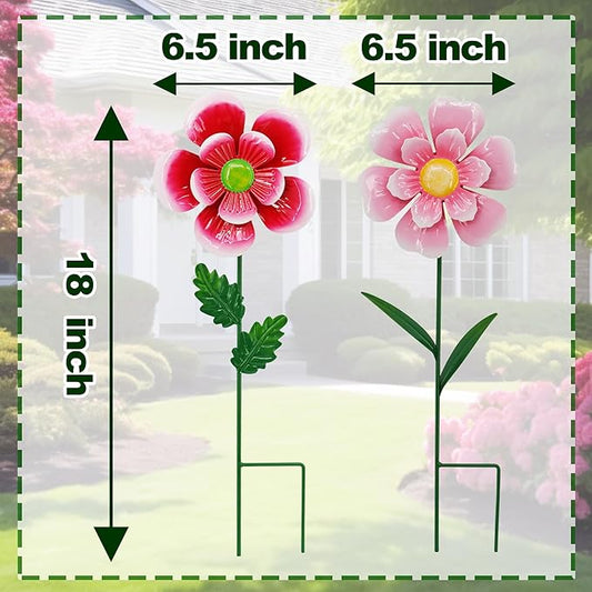 Garden Wind Spinner 2 Pack, Outdoor Metal Flower Stake Decor, Waterproof Kinetic Sculptures for Backyard Flower Bed, Spring Gardening Gifts for Mom (Red/Pink)