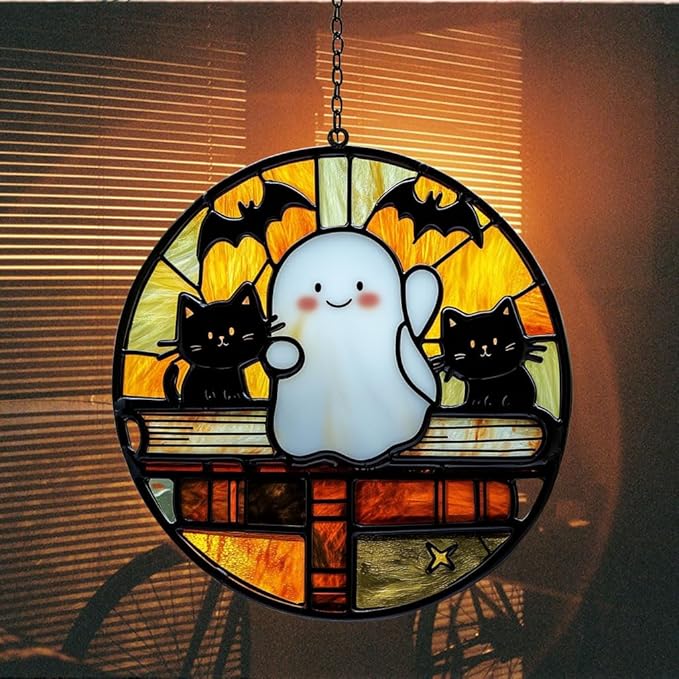 Funny Halloween Ghosts and Books Acrylic Suncatcher Stained Glass Effect Window Car Hanging Christmas Ornament Indoor Outdoor Decor Garden Sun Catcher Panel for Book Lover for Women Mom Grandma