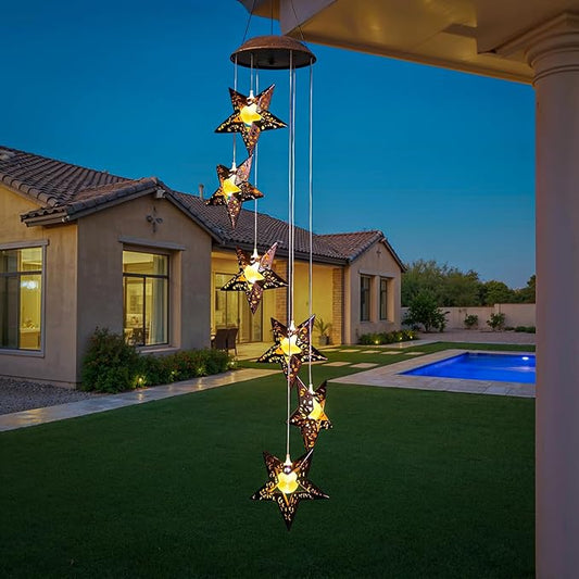 Tryme Solar Wind Chimes Star Wind Chime Warm LED Hanging Solar Lights Unique Garden Decor Memorial Thanksgiving Gifts for Mom Grandma Sister Home Party