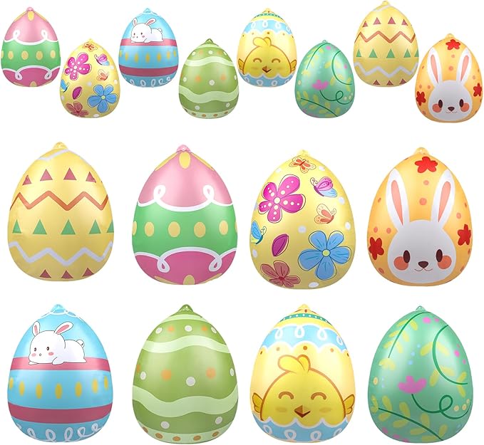 16 PCS 9 Inch, 16 Inch Easter Egg Inflatable Balloons Hanging Inflatable Easter Balloons Colorful Inflatable Egg Decorations for Yard Garden Holiday Party Home Decor