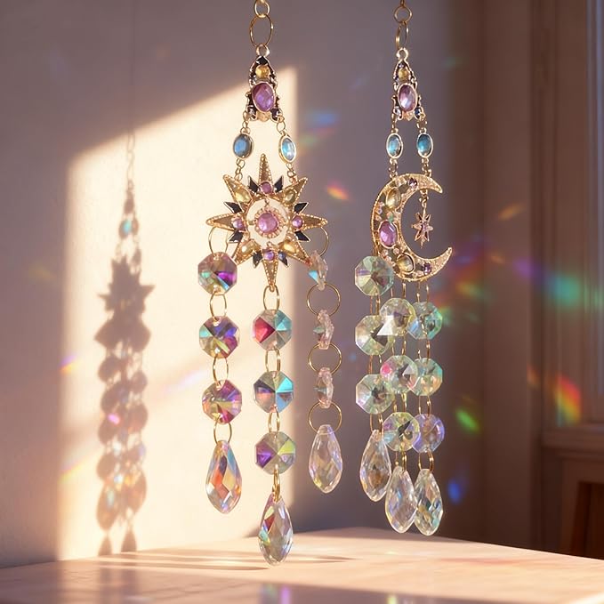 Crystal Sun Catchers for Windows, Gold-Plated Hanging Sun Catcher with Prisms - Rainbow Maker for Indoor Outdoor Garden Decor, Boho Light Catcher Gift for Home (Moon)