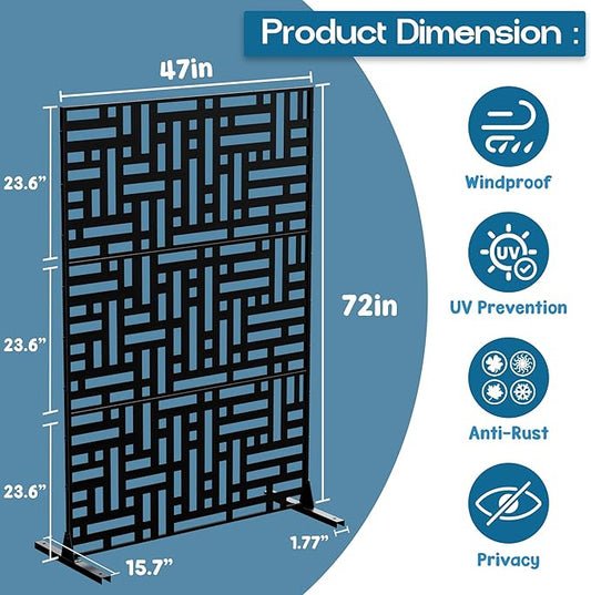 MTART Metal Privacy Screen 72" H x 47.2" Decorative Outdoor Privacy Screen Privacy Panel with Stand for Balcony Deck Patio Lawn Garden, Privacy Fence (Black-Street)