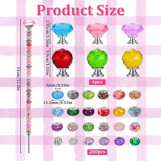 218Pcs Fairy Wands Kit, DIY Fairy Wand Beaded Garden Stake Kit, Garden Stake Decorative Outdoor Beadable Items, with 200 pcs Sparkling Crystal Beads, 6 Crystal Stopper Top, 6 Threaded Rod and Nuts