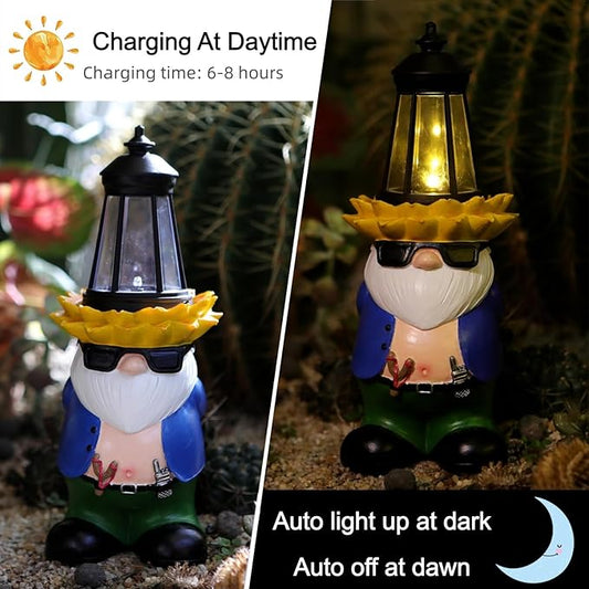LEGIFO Garden Gnome Statue with Solar Lantern Lights Guardian Sculptures Outdoor Decorations Patio Lawn Yard Garden Decor Large Figurine Gifts for Women Mom