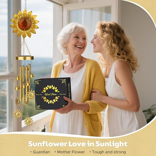 JYPS Solar Wind Chimes with Sunflower LED Lights, 42-Inch Large Waterproof Outdoor Garden Decor for Patio Yard, Unique Gifts for Women Mom Grandma, Mother's Day Christmas Birthday Easy-Install Design
