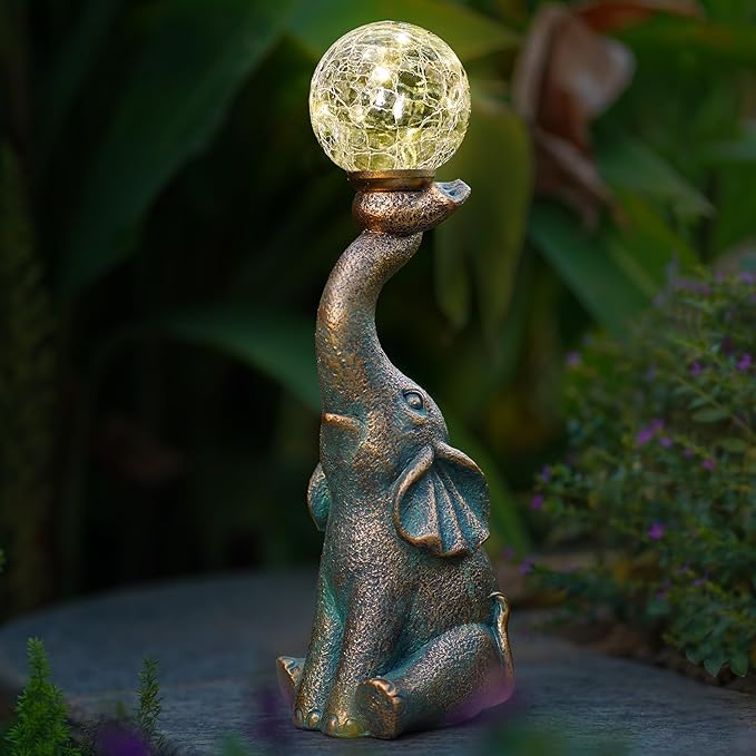 Solar Outdoor Elephant Statue Gifts Garden Decoration Lights with 8 LED Crackle Ball, Lucky Elephant Sculpture for Yard Patio, Birthday Gifts for Mom Outdoor & Home Housewarming Decor