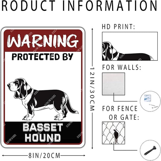snowsun Warning Metal Signs Protected by Basset Hound Dog Tin Sign for Home Garden Yard Street Wall Decor 8×12 Inches
