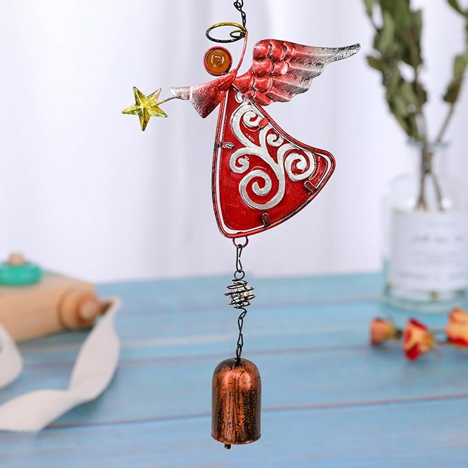 MrMrKura Metal Angel Wind Chime Hanging Decoration Ornament Bells Decorative Hanging Bells, Gifts for Home Garden Decor Crafts (Red)