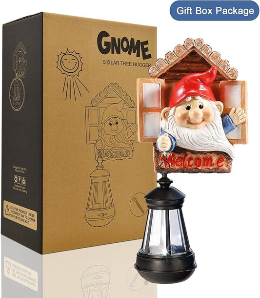 Goodeco Gnome Tree Hugger with Solar Lantern - Garden Gnome for Outside Decor,Tree Face Garden Statue,Gift idea 5.5x10.6 inch